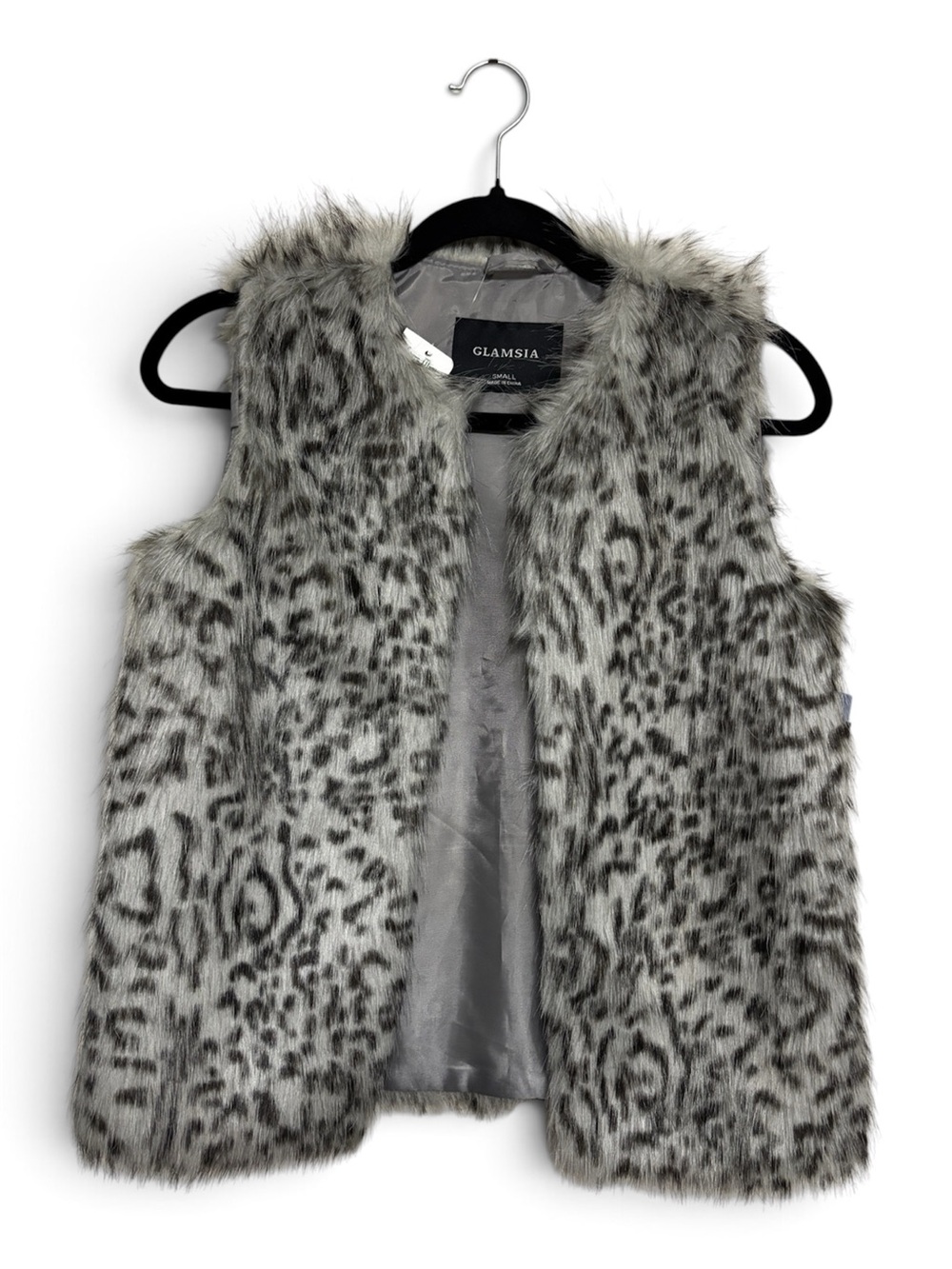 glam Faux Fur Leopard-Style Vest in Gray and Black